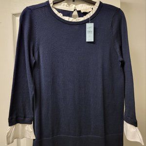 LOFT Navy Crew Neck Sweater Peek-a-boo White Ruffle at Cuffs/Neck (NEW W/ TAGS)